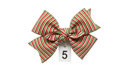 Red and Green Striped Ribbon Bow with White Number Five Tag for Christmas or Birthday