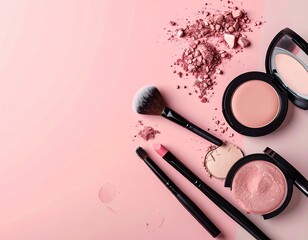 Cosmetics arranged on pink surface, featuring brushes and powdered products