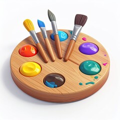 Wooden artist's palette with brushes, holding colorful paint