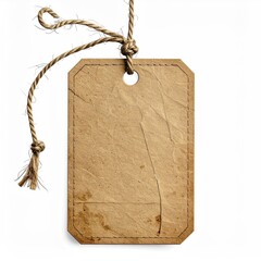 Vintage brown paper tag with string, isolated against a white backdrop