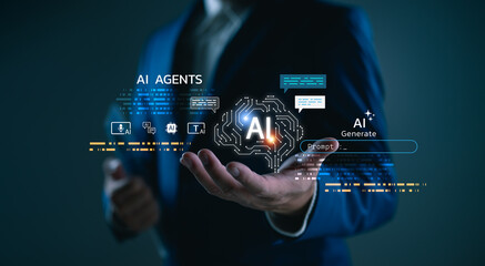 Artificial intelligence and prompt generation concept, a businessman presents AI-powered digital agents in a virtual interface within a modern tech-driven business environment. Technology Ai.