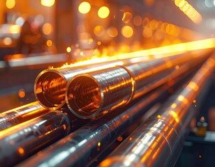 Shiny metal tubes being forged with fiery sparks and glowing light