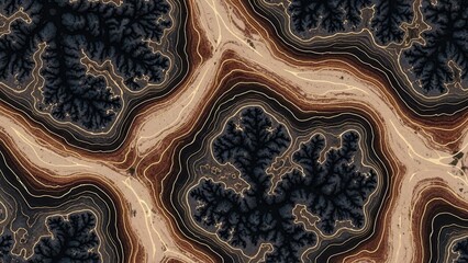Topographic contour map illustrating geological formations and terrain variations in a rugged