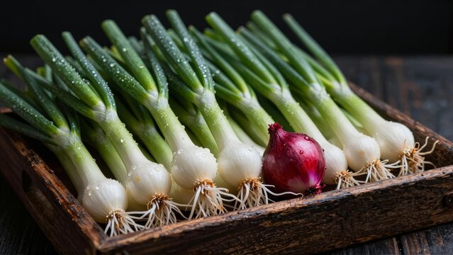 Fresh green onions and red onion in wooden tray - Powered by Adobe