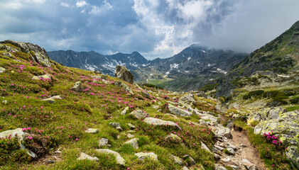 Summer scenery in the Transylvanian Alps with spectacular imagery and dramatic storm clouds, in July and August