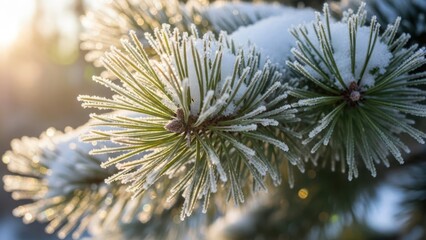 Snow covered pine needles illuminated by sunlight