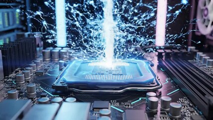 Dynamic closeup of a central processing unit CPU being installed or activated on a modern computer motherboard illustrating the powerful core of artificial intelligence and advanced data processing w. - Powered by Adobe