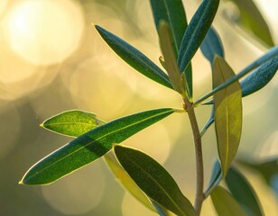 Close-up of olive branch with green leaves, sunlight backlighting