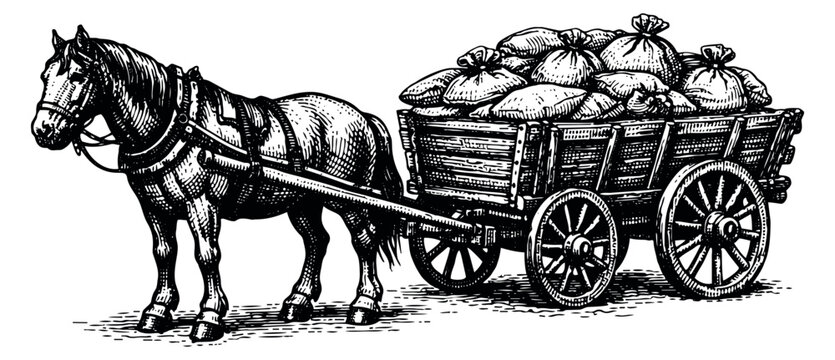 Hand drawn line art illustration of a horse pulling a wagon depicting sacks of goods for historical transport