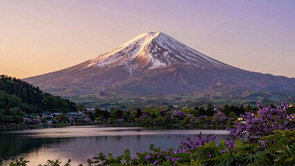 Fototapeta premium Mount Fuji snow peak reflected in lake with purple flowers at sunrise