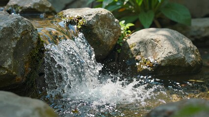 Water cascading over rocks into pool with greenery