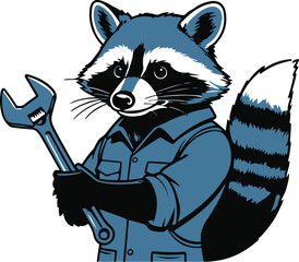 A raccoon as a mechanic holding a wrench, clear working pose, flat vector illustration, minimal details, solid flat colors, bold black outline, no shadow, no gradient, clean sticker design, white back © rokeya