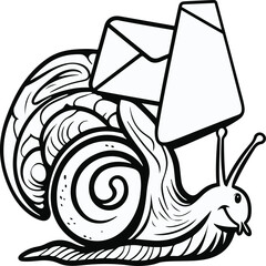 A snail as a mail carrier carrying an envelope bag, slow playful pose, flat vector art, minimal detail, solid flat colors, thick black outline, no lighting, no texture, clean sticker design, white bac © rokeya