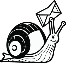 A snail as a mail carrier carrying an envelope bag, slow playful pose, flat vector art, minimal detail, solid flat colors, thick black outline, no lighting, no texture, clean sticker design, white bac © rokeya