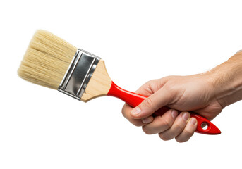 extreme macro shot of a caucasian man's firm hand gripping a professional utility paintbrush with a glossy red handle and soft blonde bristles, isolated against white. concept for commercial tool