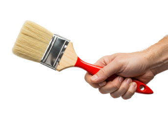 extreme macro shot of a caucasian man's firm hand gripping a professional utility paintbrush with a glossy red handle and soft blonde bristles, isolated against white. concept for commercial tool