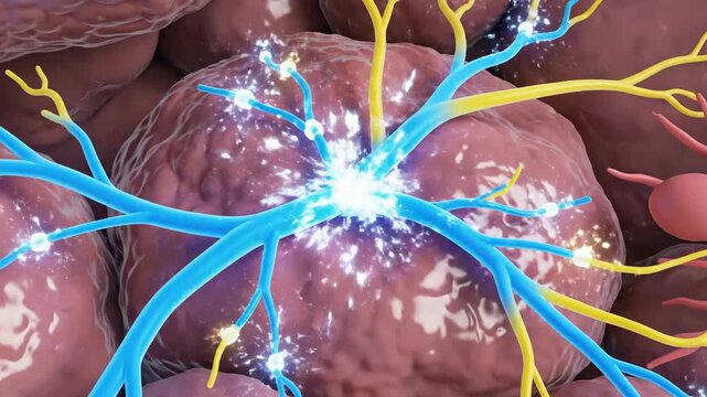 Animated close-up of submandibular parasympathetic ganglia with neural activity