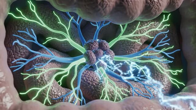 Animated depiction of enteric neurons in the submucosa, showing neural activity.