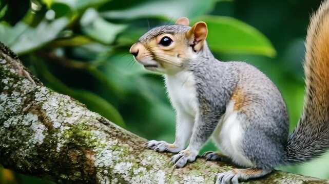 Squirrel Peacefully Sleeping on a Tree Branch Amidst Vibrant Green Leaves in a Serene Forest Setting