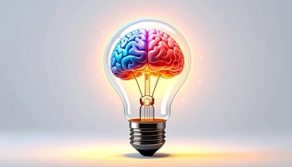 Cinematic hyper-realistic image of an upright tungsten light bulb with a glowing human brain inside, symbolizing bright ideas, creativity, intelligence, and illuminated thought