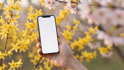 Hand holding smartphone with blooming flower branches