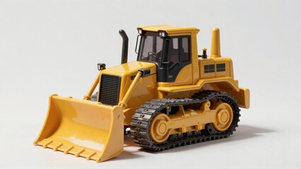 Fototapeta premium Yellow toy bulldozer with blade and tracks on white background
