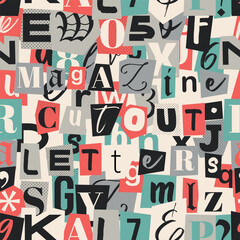Magazine cutout letters. Criminal, blackmail, anonymous or detective font seamless pattern