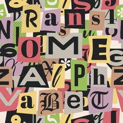 Ransome alphabet. Letters and numbers cut from newspapers seamless pattern