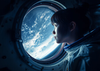Female astronaut gazing through a spacecraft window at Earth, illuminated by soft blue light, capturing a serene and futuristic space exploration moment.
