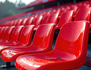 Close up of shiny red stadium seats, wet from recent rain, in rows