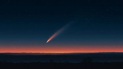 A minimalist comet flying across a starry night sky with a glowing tail and gentle warm tones on the horizon. It evokes mystery and anticipation - perfect for articles about space and space events.
