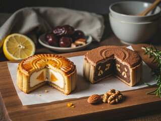 Delicious sliced ​​mooncakes with a variety of fillings on a wooden board