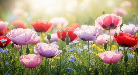 Close up Poppy Flowers field sunlight