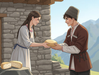 Young couple exchanging cheese at a stone cottage in the mountains  
