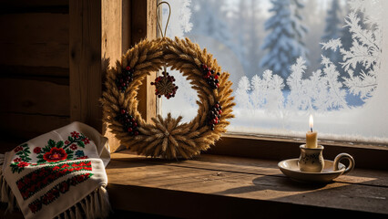 Outside the frozen window during Christmastide are silhouettes of trees, and on the windowsill is an embroidered scarf, a candle, and a small amulet made of wheat ears.