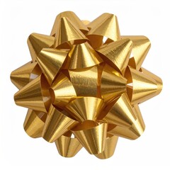 A golden, star-shaped, shiny gift bow isolated on a white background