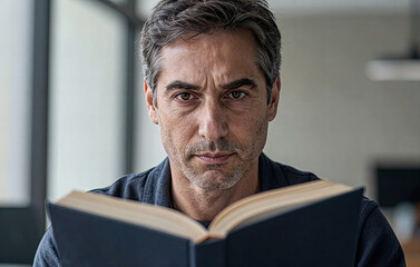 Man reading open book in modern interior