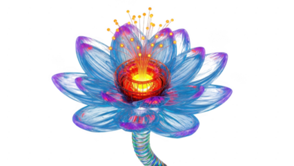Vibrant blue lotus flower with colorful spiral stem isolated on transparent background