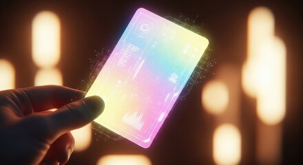 Hand Holding Futuristic Holographic Card Interface