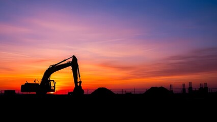 Excavator operating at construction site during vibrant sunset with industrial landscape in the background