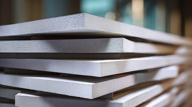 A stack of silver foam sheets in a workshop or factory setting with blurred background