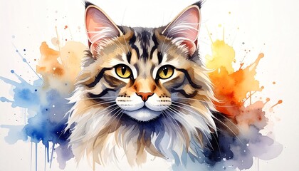 a close-up portrait of a tabby cat surrounded by colorful watercolor splashes