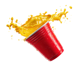Red plastic drinking cup, spilled orange liquid, splashing, isolated on a transparent background