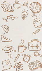 Education and School Supplies Hand-Drawn Doodle Frame on Beige Background