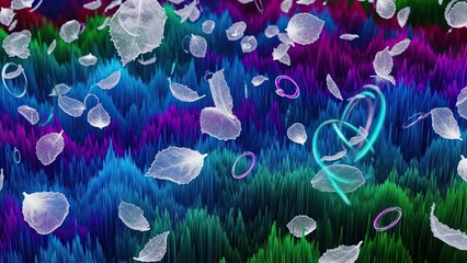 Vibrant abstract landscape with floating petals and luminous geometric shapes