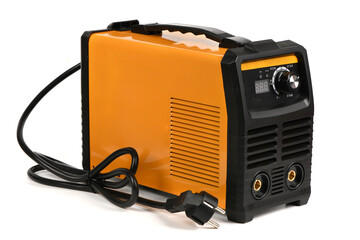 Orange portable welding inverter machine isolated on white