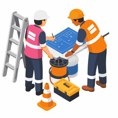 Two construction workers reviewing blueprints on site with safety gear