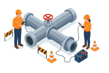 Workers inspecting and repairing industrial pipeline with safety gear