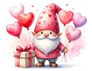 a cute cartoon Santa Claus character holding balloons and a gift box.