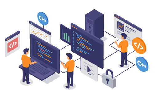 Professionals developing secure web applications with coding and cybersecurity